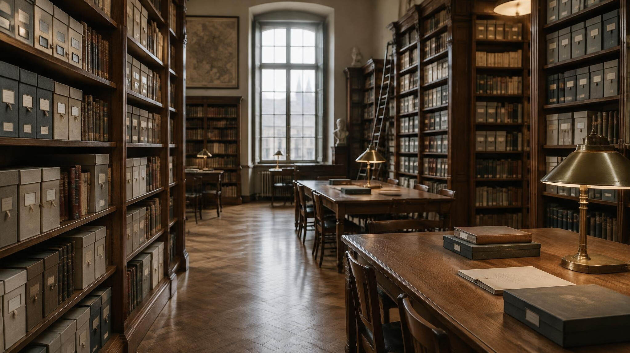 Interior of a quiet research library with tall wooden shelves
